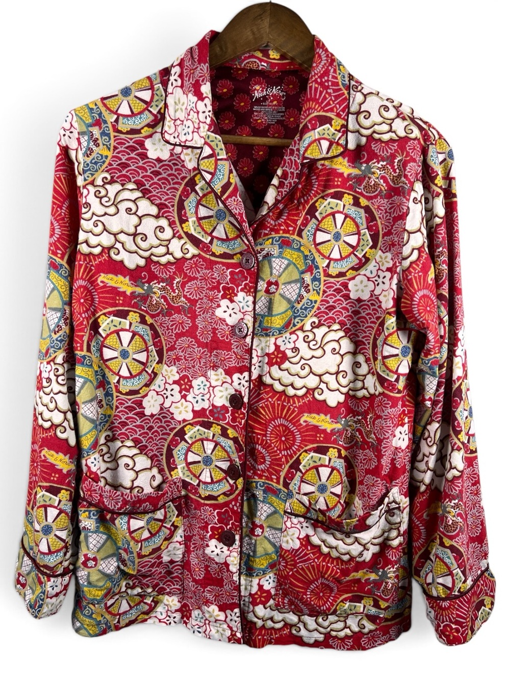 Nick & Nora Pajama Top Womens S Red Asian Dragon Cloud Print 100% Cotton Target